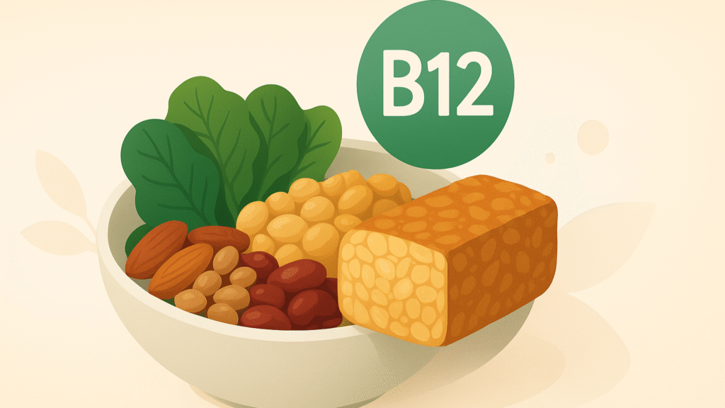 “Bowl filled with diverse vegan protein sources, including B12-enriched tempeh, nuts, and vegetables.”