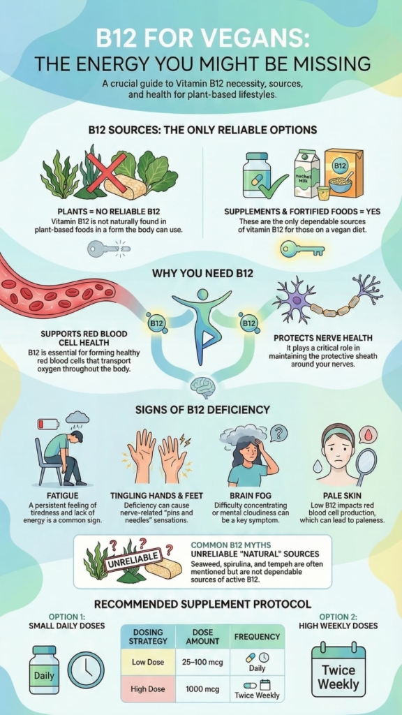 Plant-based vitamin B12 supplements for vegans, alternative to unreliable plant sources.