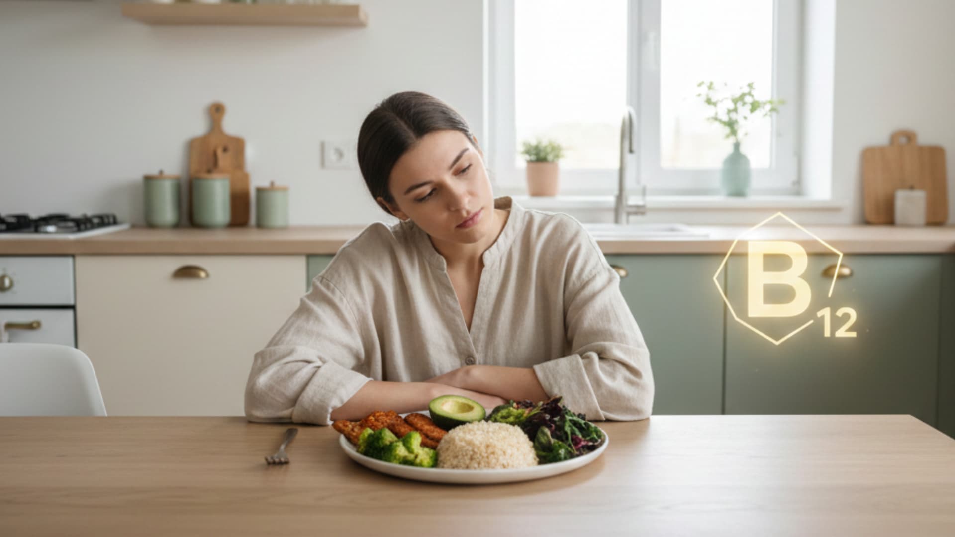 Thoughtful young woman considers her nutritious plant-based plate in a modern, well-equipped kitchen