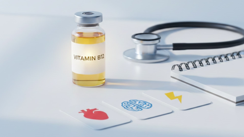 Vitamin B12 ampoule with medical tools, underscoring the necessity of this nutrient for vegan and vegetarian diets.