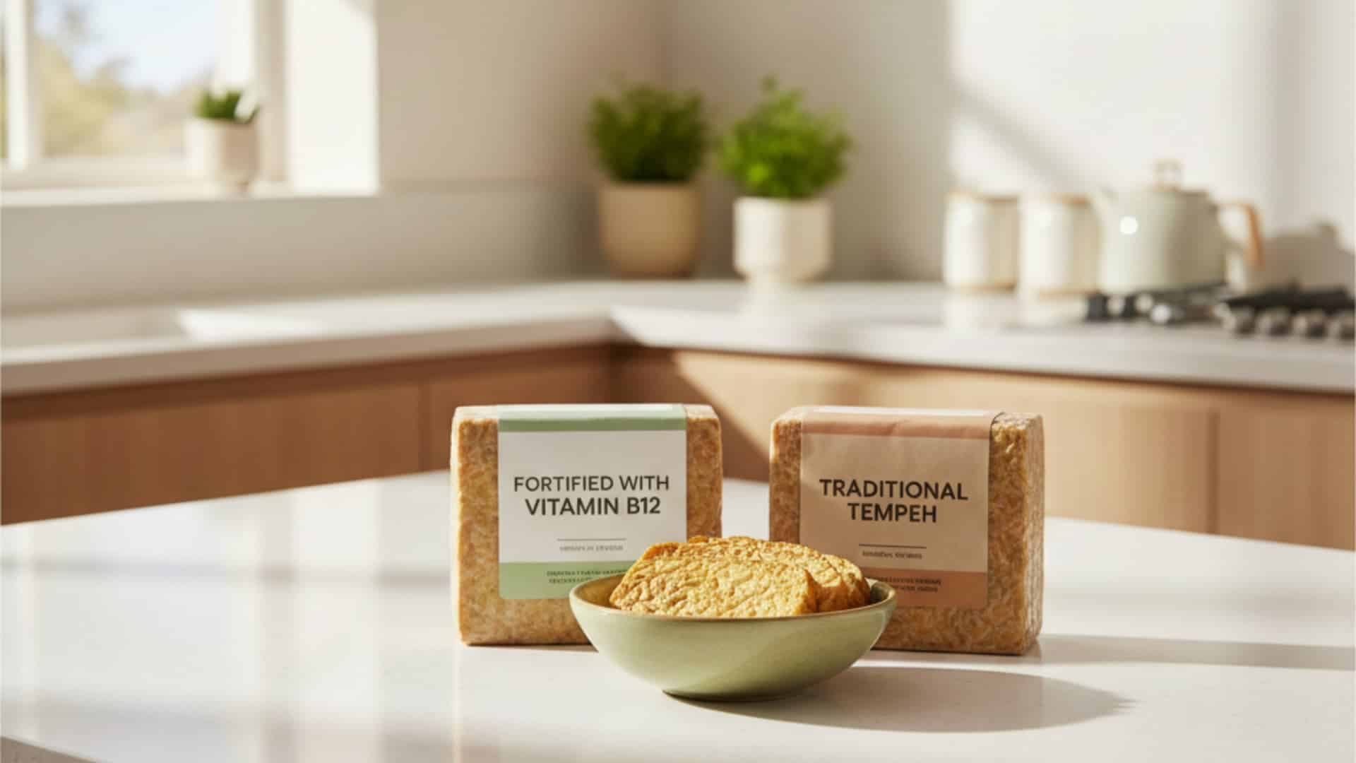 Assortment of B12-enriched and traditional tempeh options showcased in a clean, minimalist kitchen.