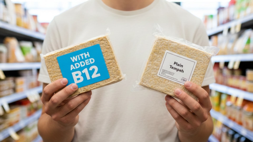 Fresh soy tempeh with added B12 and plain tempeh on sale at a grocery store.