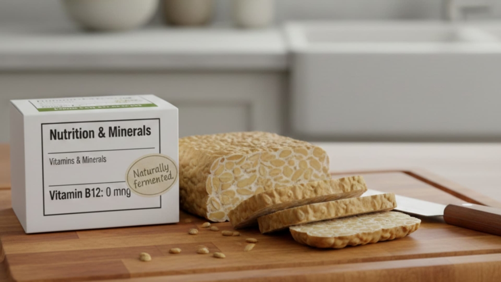 Sliced tempeh with nutrition information emphasizing the B12 content, presented on a wooden surface.