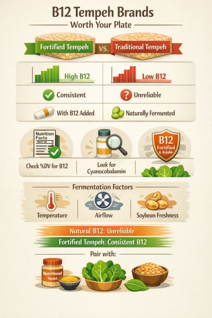 Visual guide to selecting B12-rich tempeh options based on nutritional factors and fermentation process.