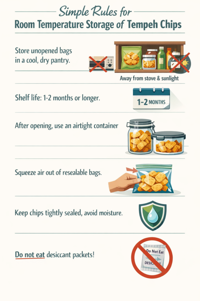  Infographic outlining simple rules for optimal room temperature storage of tempeh chips.