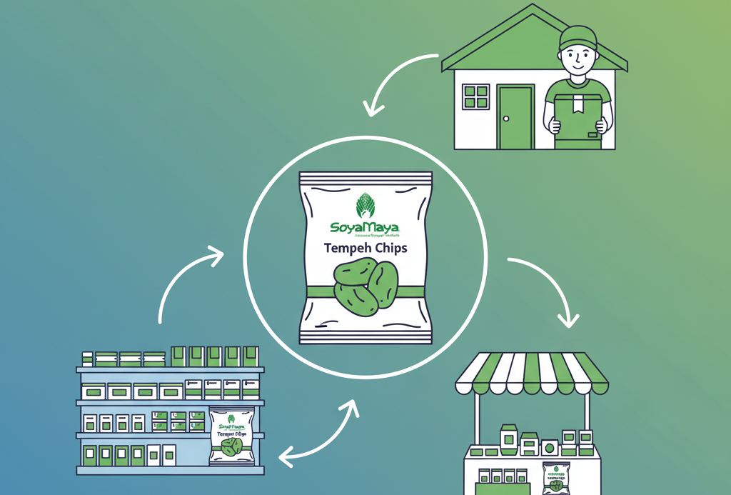 “Diagram highlighting the supply chain and retail presence of SoyaMaya Tempeh Chips.”