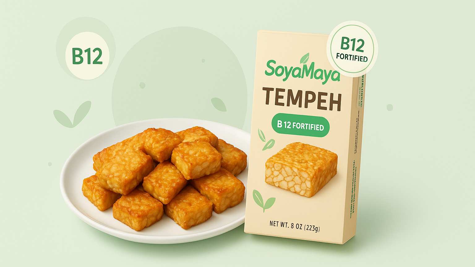 “Fried tempeh cubes on a plate and a package of B12-enhanced tempeh.”