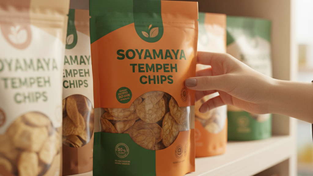 Close-up of a person's hand selecting a bag of SoyaMaya Tempeh Chips from a store shelf.