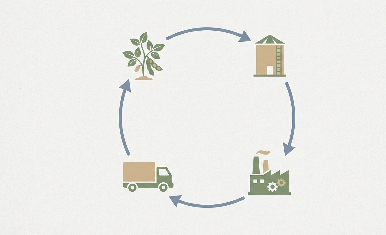 Cross-section view of soil beneath soybean plants, showing distinct soil layers, roots, and moisture balance.