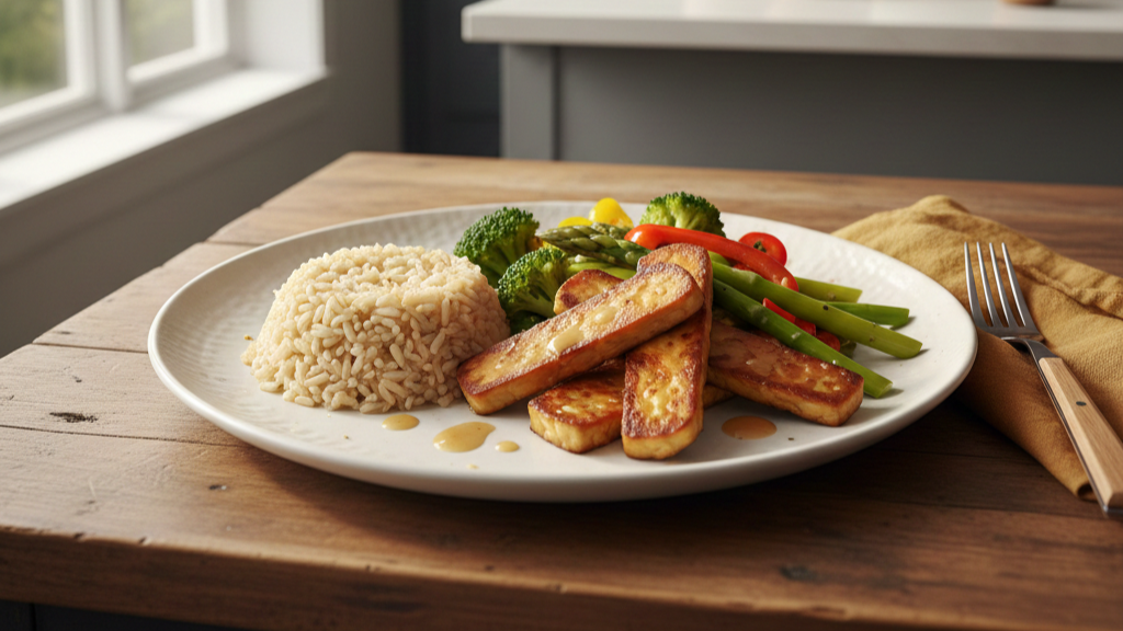 A simple vegan meal featuring pan-seared tempeh slices served with rice and lightly steamed vegetables on a modern ceramic plate.