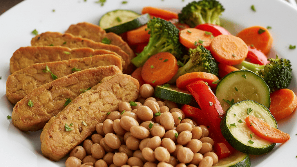 Crispy tofu steaks with mixed steamed vegetables and chickpeas, healthy plant-based meal.