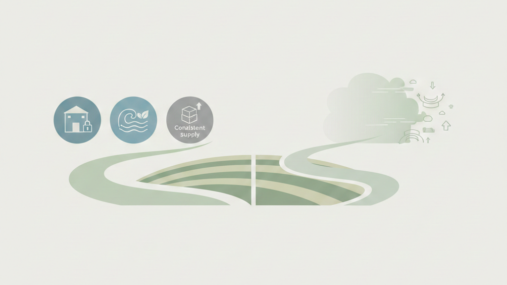 A split-balance composition showing two paths flowing from a soybean field into the future.