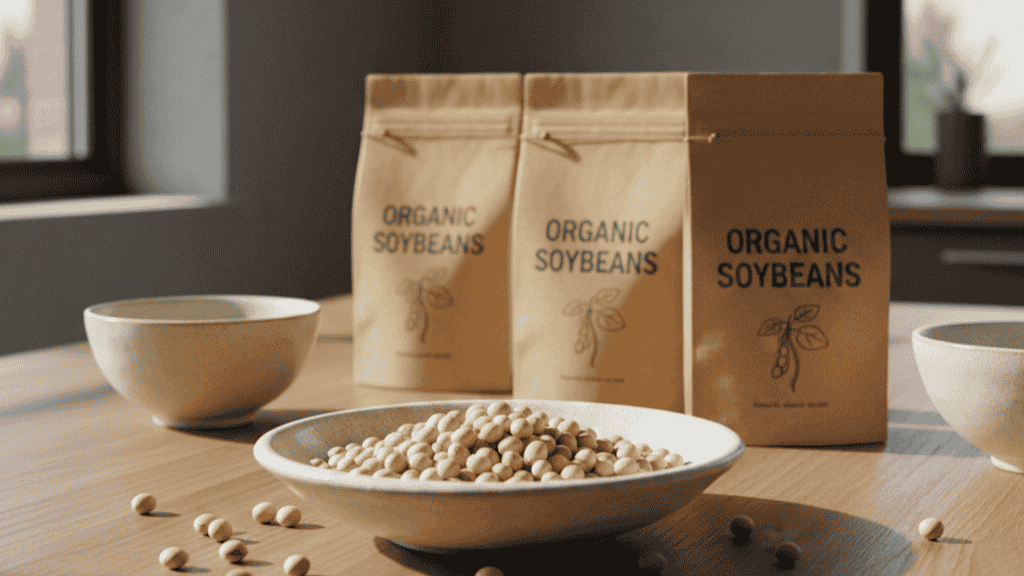 Organic soybeans in a bowl with packaged organic soybean products on a table, natural lighting.