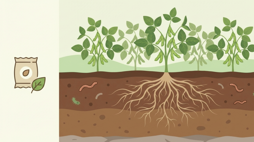 healthy soybean plants with leaves and pods.