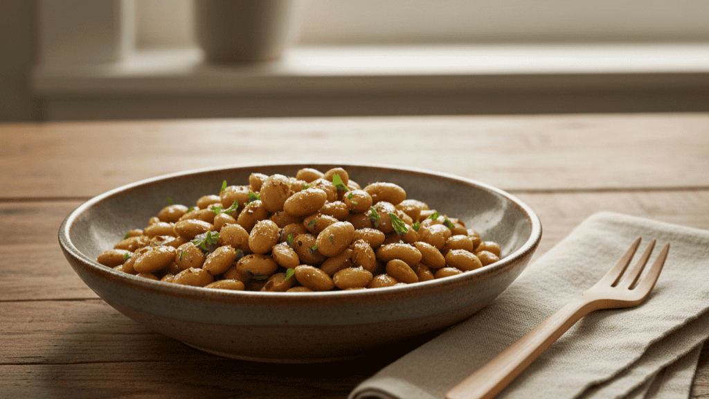 A photorealistic tabletop scene featuring organic soybeans in a clear glass bowl