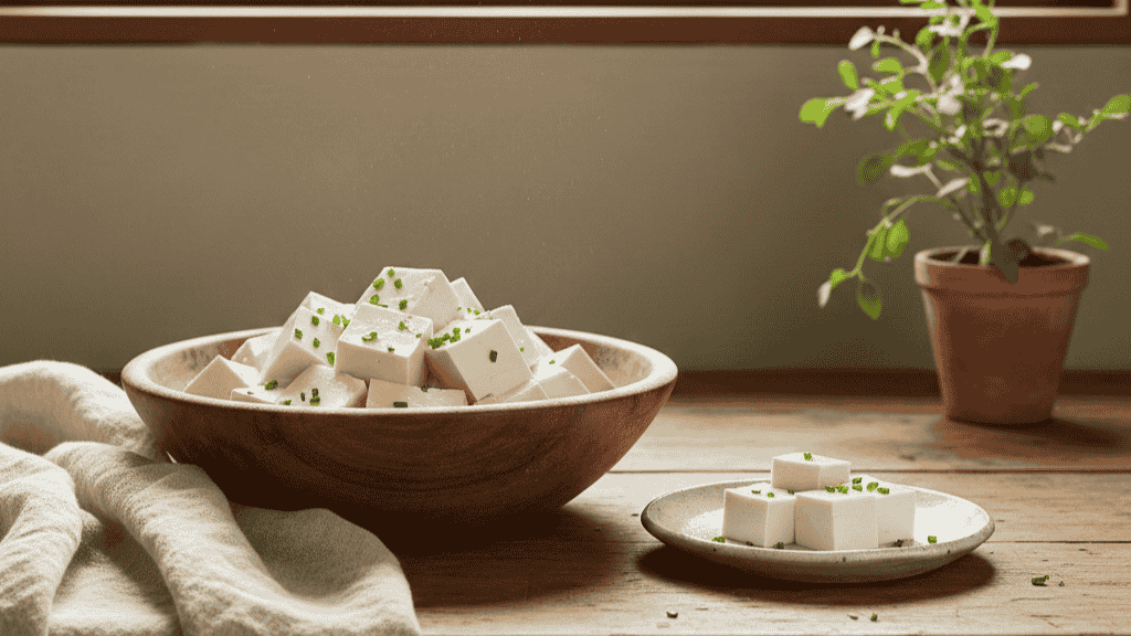 A calm home kitchen scene showing a bowl of freshly made tofu on a wooden countertop.
