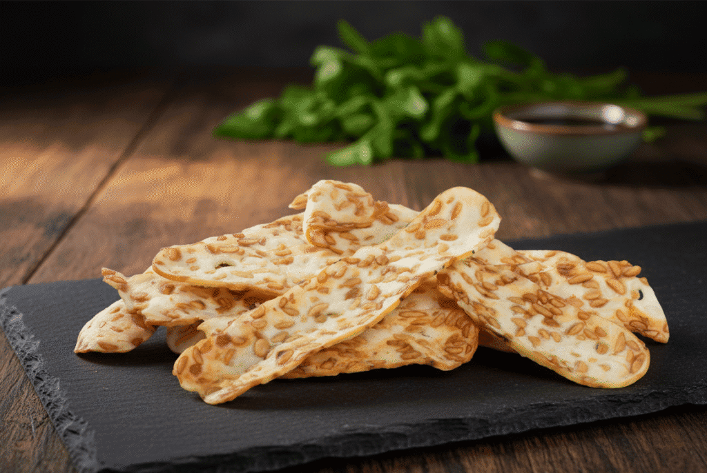 Best Tempeh Chip Brands: Crispy, golden tempeh chips on a rustic wooden table with fresh greens.