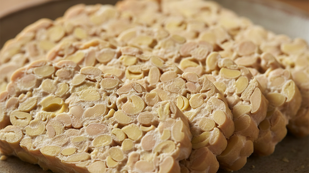 A macro-style shot of sliced tempeh arranged neatly on a ceramic plate, highlighting the dense soybean structure.