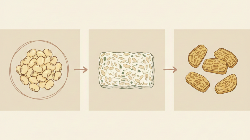 Visual sequence showing: whole soybeans → fermented tempeh block → sliced tempeh snack pieces.