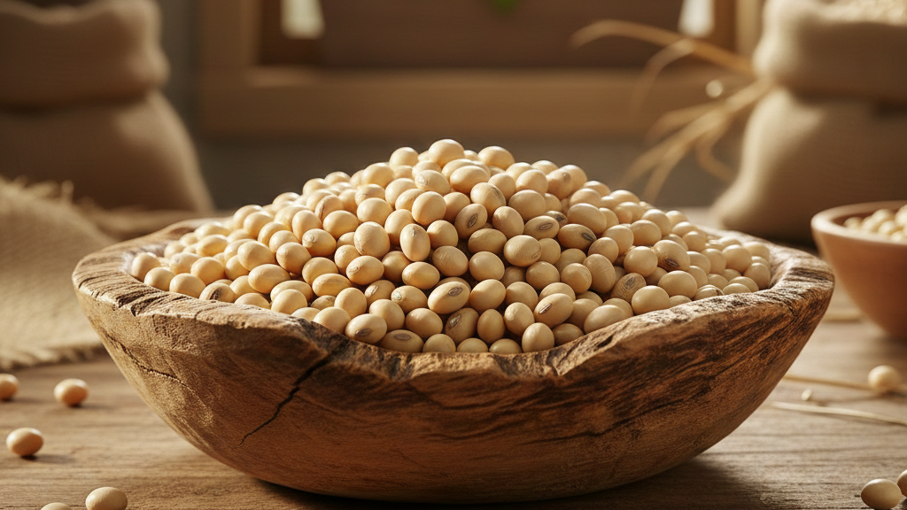 Close-up of harvested soybeans in a rustic wooden bowl placed.