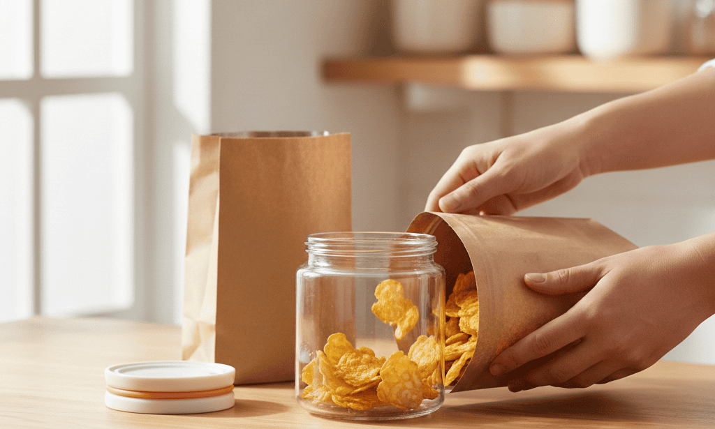 Opened bag of tempeh chips being transferred into an airtight glass container with a silicone seal.