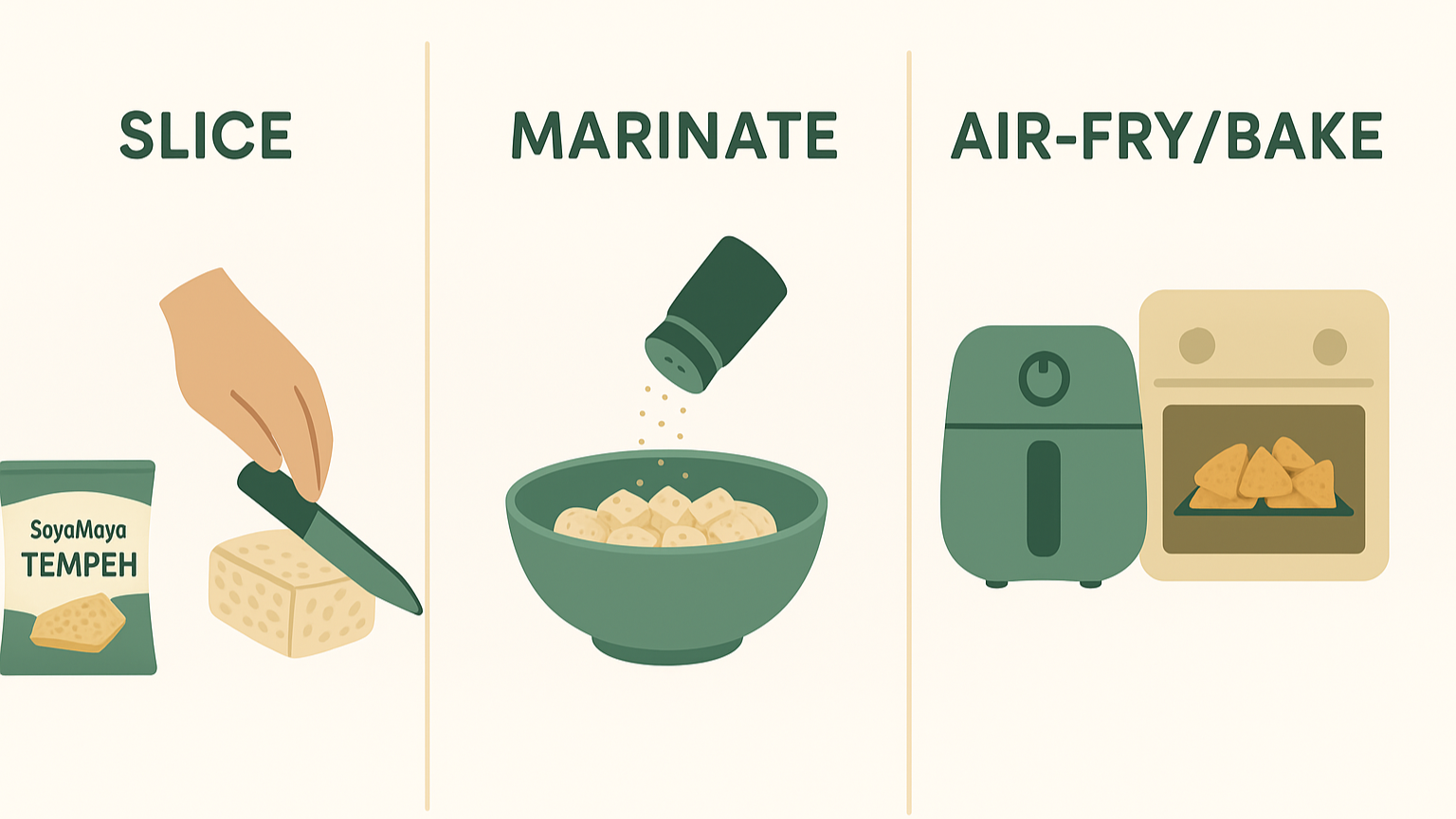 “Step-by-step process for creating protein-packed plant-based tempeh chips, from slicing to air-frying for a crunchy texture.”