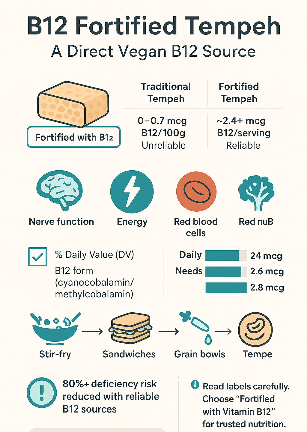 “Informative infographic highlighting the benefits and nutritional details of B12-enriched tempeh.”