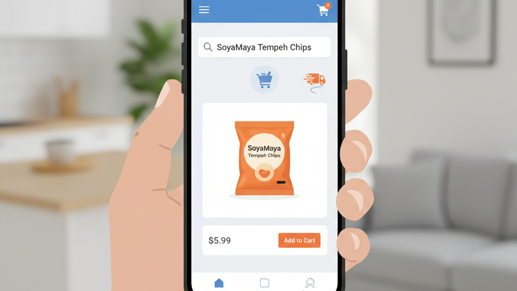 A smartphone showcasing an online store selling SoyaMaya Tempeh Chips.