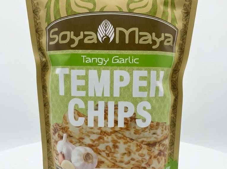 Savory tempeh chips with garlic, vegan, gluten-free snack, high protein, low fat.