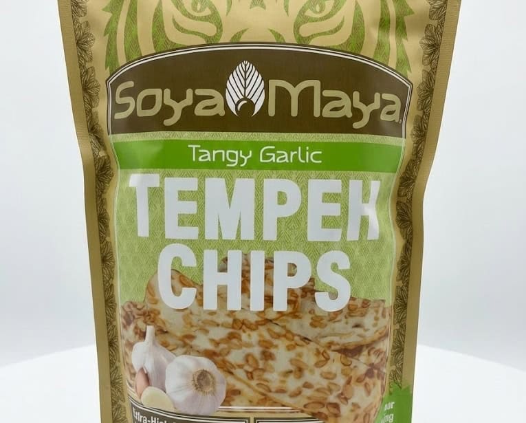Savory tempeh chips with garlic, vegan, gluten-free snack, high protein, low fat.