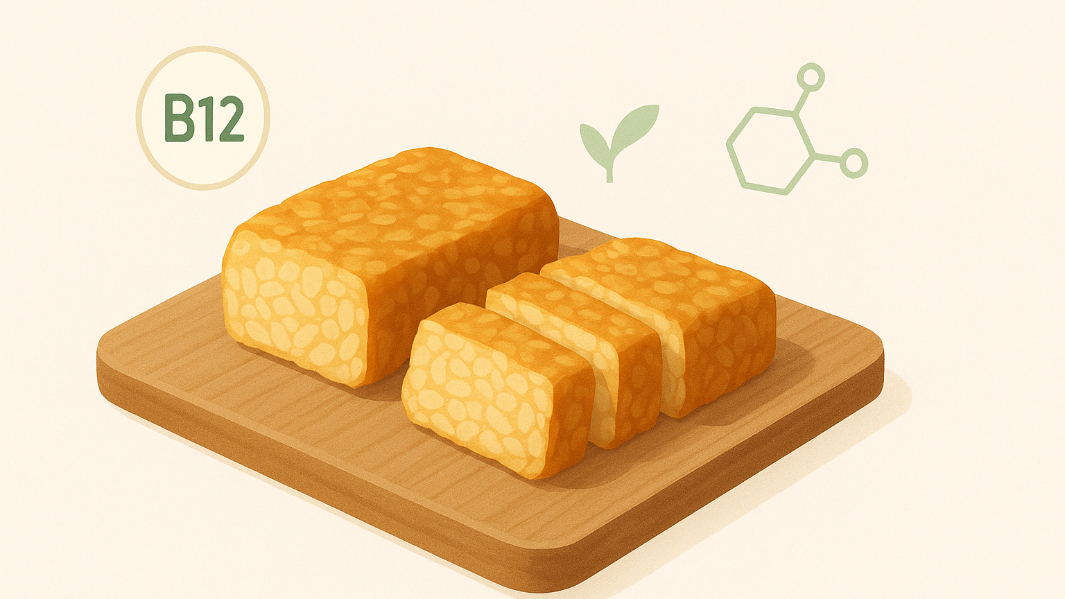 “Cubes of textured, B12-enriched tempeh arranged on a wooden surface.”