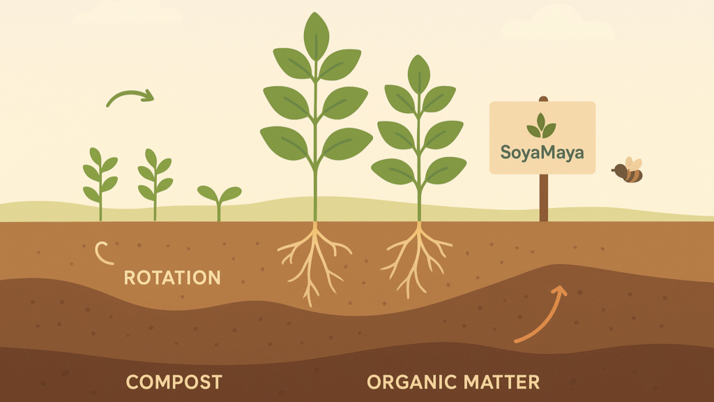 “[Why Organic Non-GMO Soybeans Are a Smarter Choice]: Illustration showcasing the benefits of crop rotation and organic matter for sustainable soybean cultivation.”