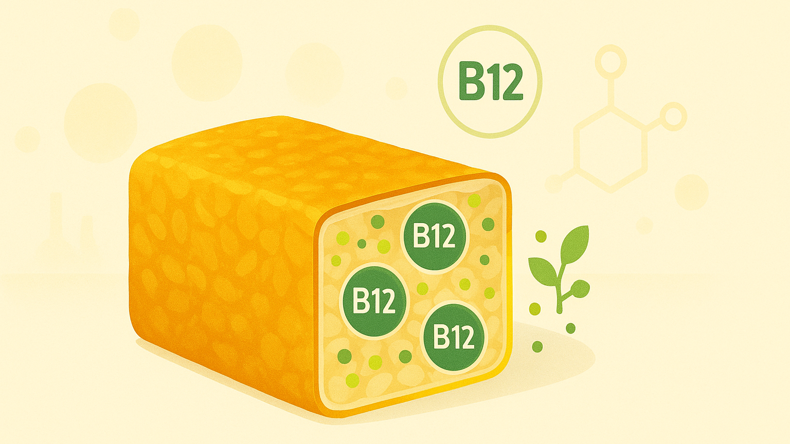 “Illustration of a textured, golden-yellow block with B12 icons, emphasizing its nutritional value.”