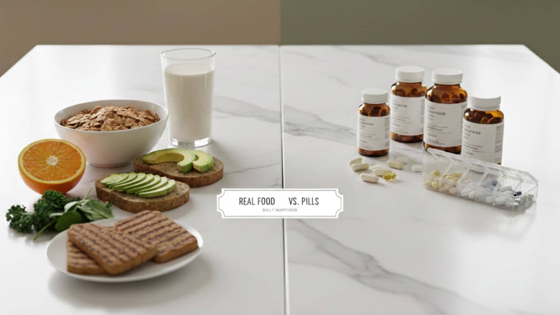 Fortified foods vs. supplements: Fresh greens and plant-based milk, a balanced approach to nutritional needs.