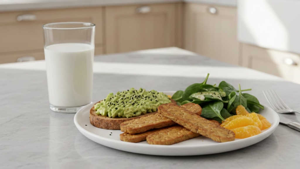 Nutritious meal with natural fortification: Avocado, spinach, tempeh, and citrus fruit demonstrate how wholesome foods can meet daily nutrient requirements.