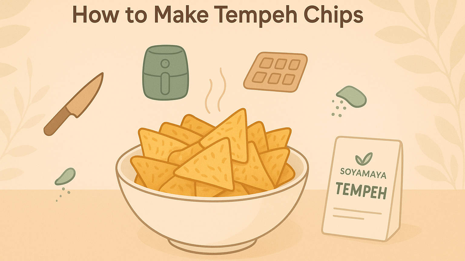 “Illustration of ingredients and kitchen tools for homemade tempeh chips.”