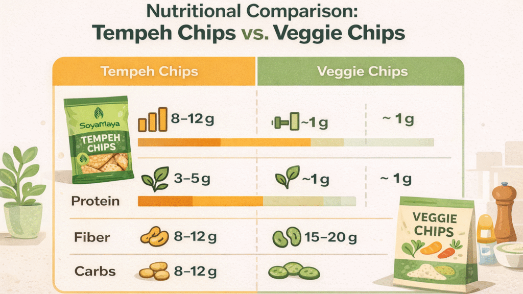 “Side-by-Side Comparison of Tempeh Chips and Veggie Chips' Macronutrient Profiles”