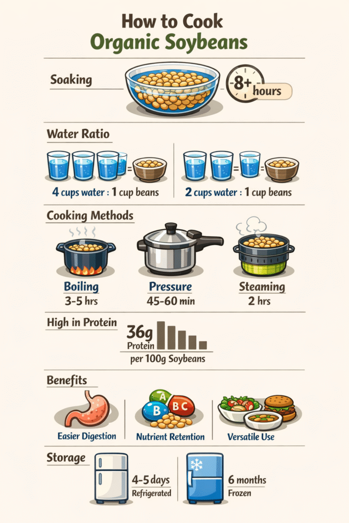 “Informative infographic outlining the proper steps to cook organic soybeans, including soaking time, water ratio, and cooking methods.”