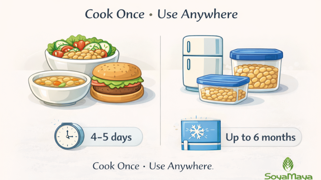 “Visual guide showcasing how cooking organic soybeans once allows for their flexible incorporation into diverse dishes and long-term storage.”
