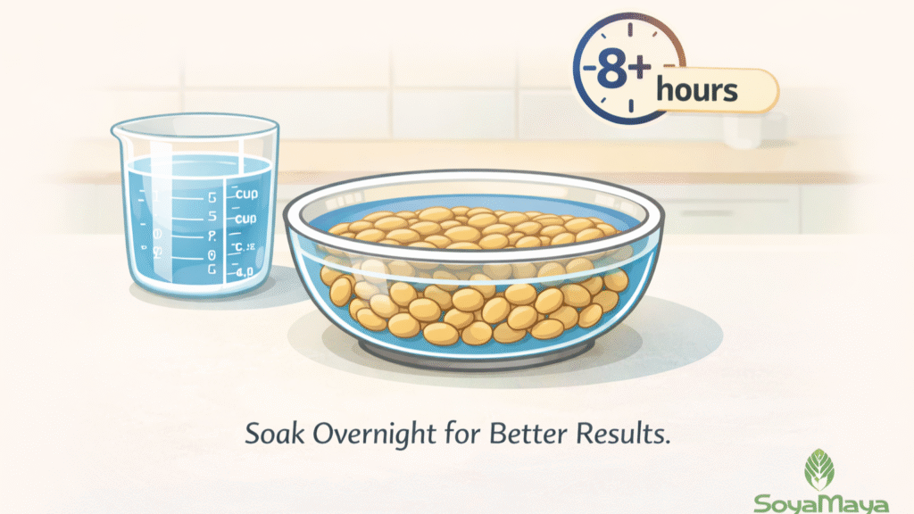 “Illustrated instructions on the importance of soaking organic soybeans overnight for better cooking results and nutrient absorption.”