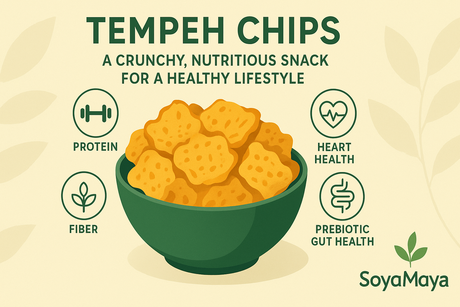 “Tasty tempeh chips in a green bowl, packed with protein, fiber, and gut-healthy prebiotics for a nutritious snack.”