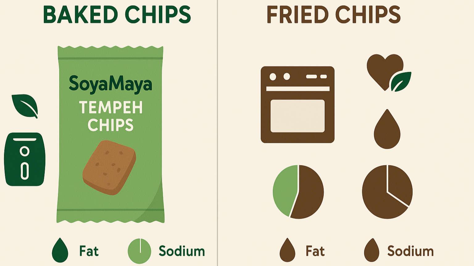 “Comparison of baked tempeh chips versus fried chips, highlighting the healthier attributes of plant-based baking.”
