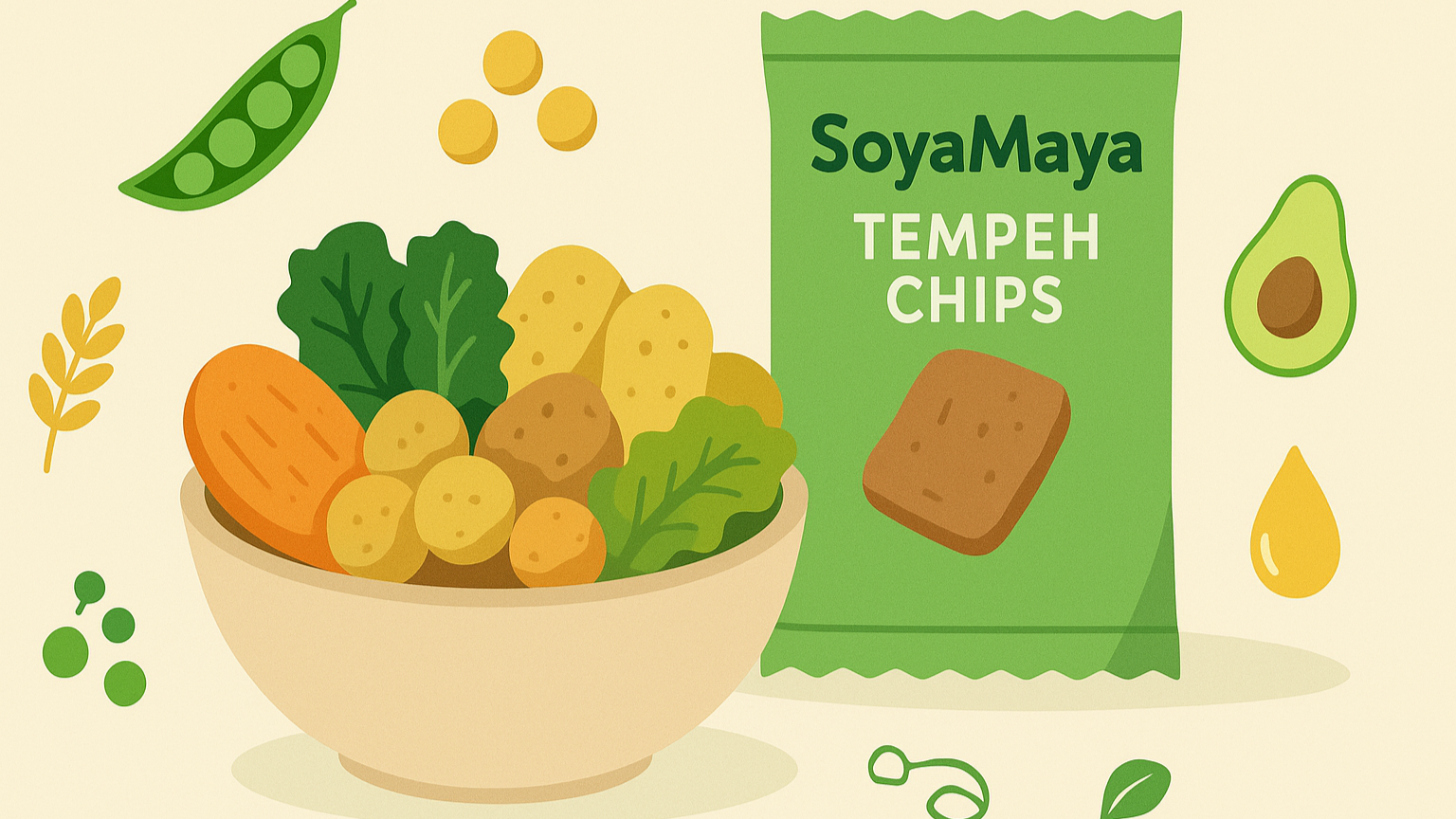 “Soyamaya tempeh chips and a bowl of vibrant, nutritious plant-based snacks.”