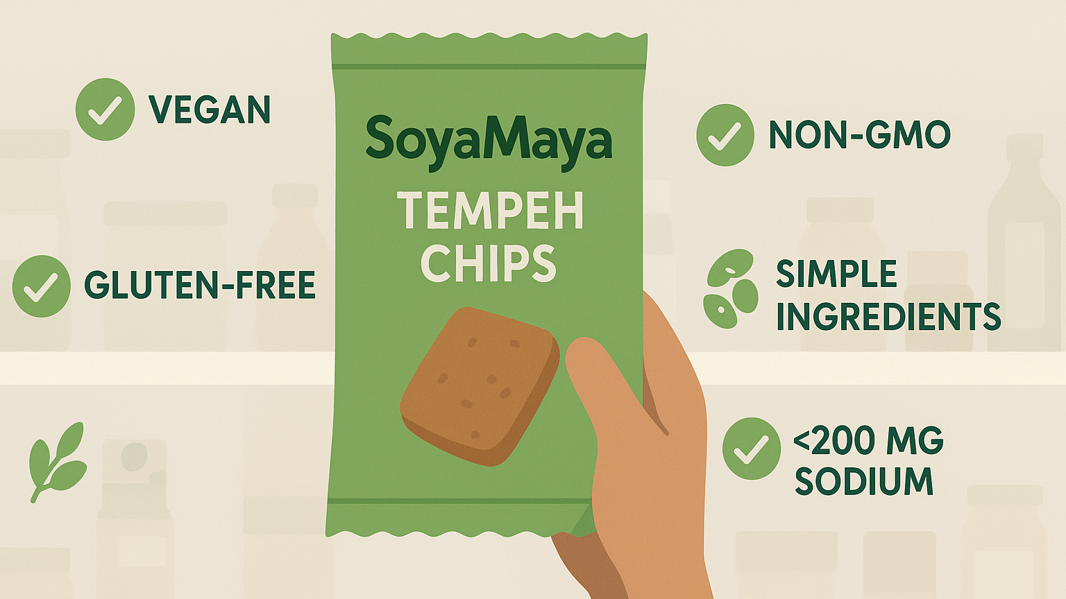 “Illustration of a hand holding a bag of Soyamaya tempeh chips, emphasizing the healthy qualities of the product.”