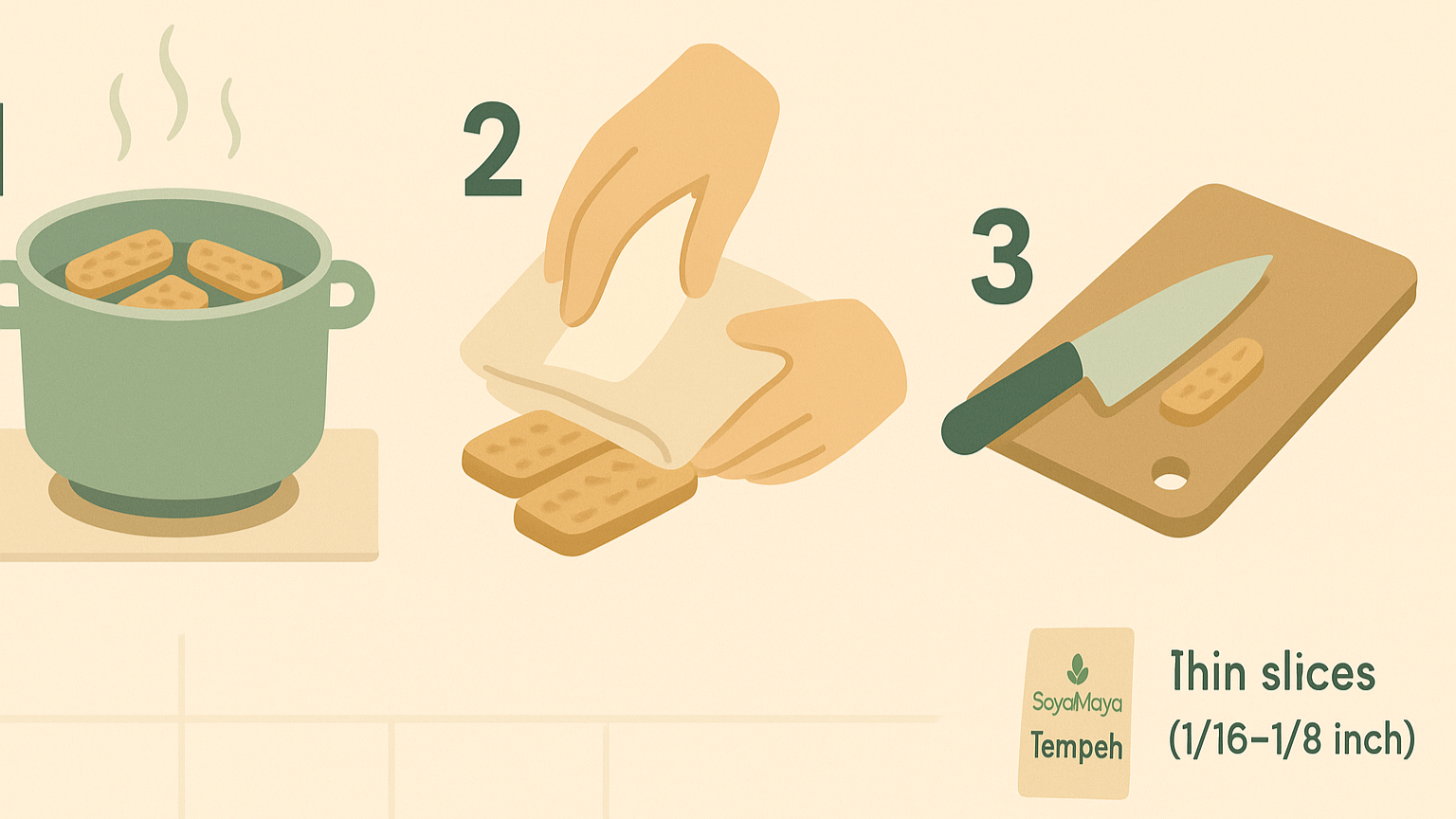 “Step-by-step illustration showing the preparation of thin tempeh slices for making crispy chips.”