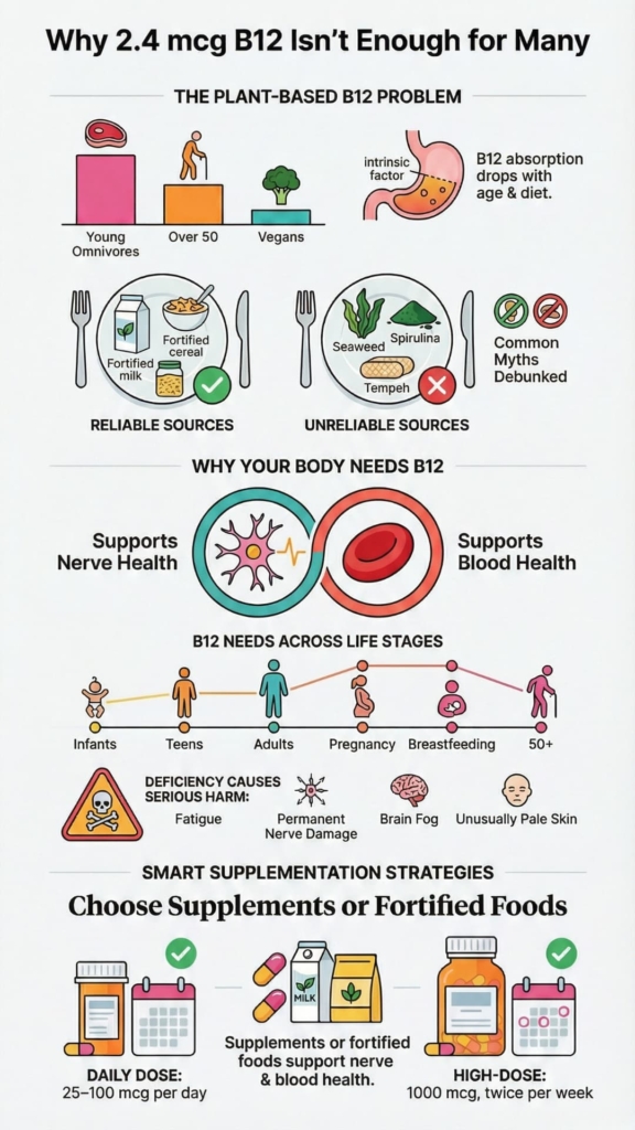 Infographic outlines reliable sources, debunks myths, and suggests smart supplementation for nerve and blood health.