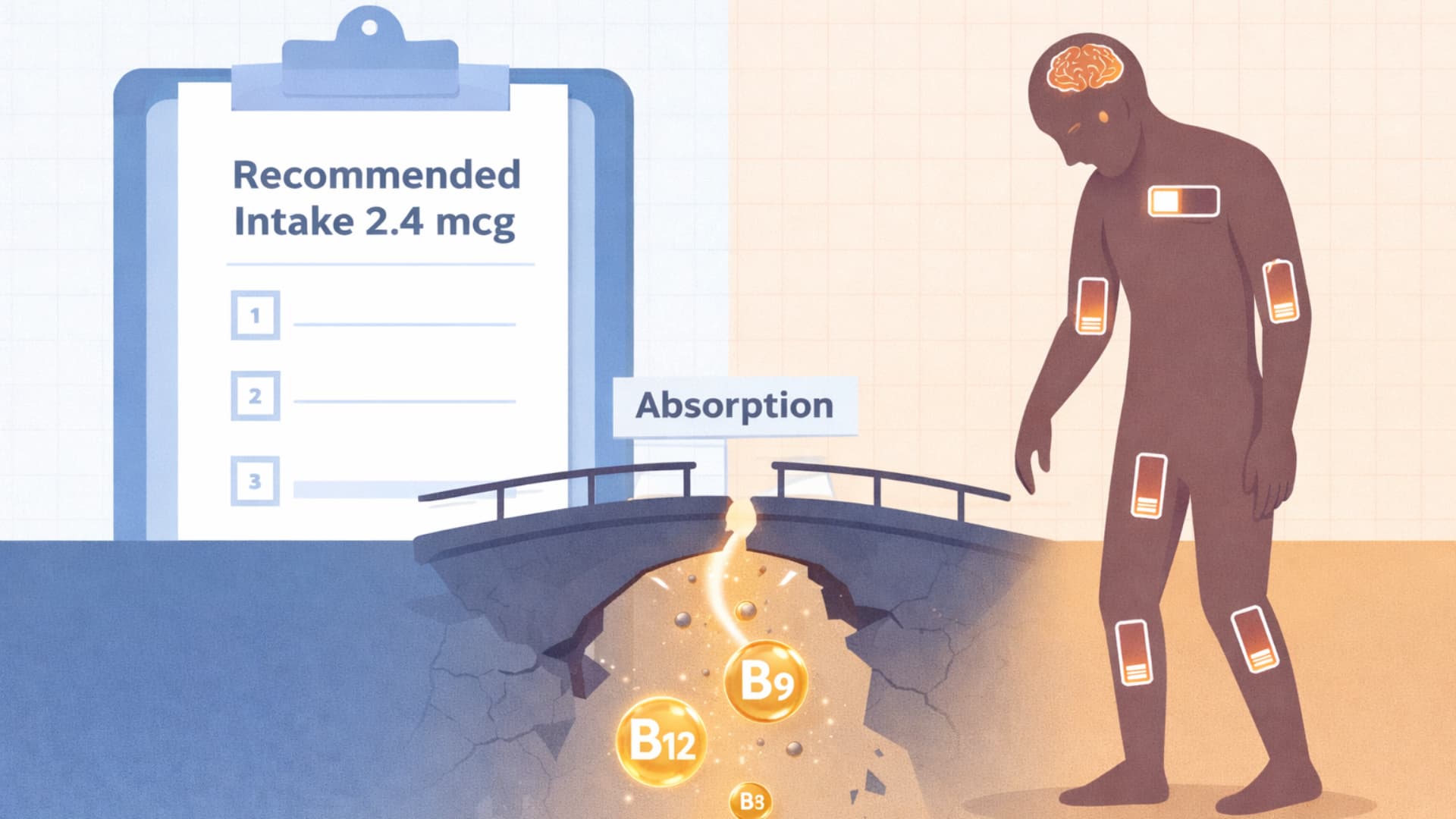 Informative image on the recommended dosage and absorption of vitamin B12 for optimal health.