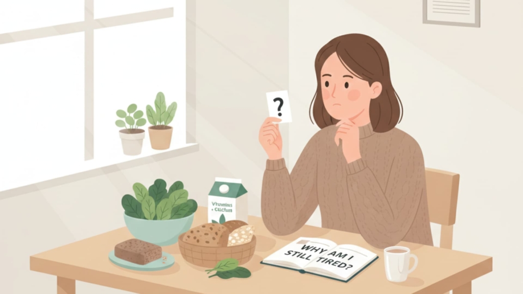 Curious woman questions her energy levels despite meeting B12 requirements, with nourishing foods within reach.