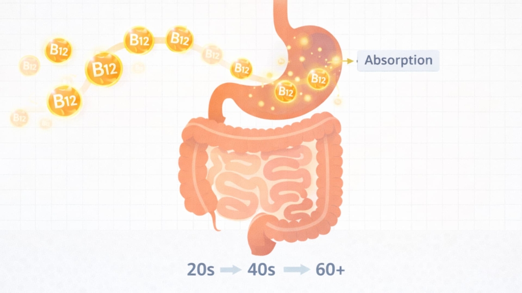 Recommended B12 intake for different age groups: 20s, 40s, 60+. Absorption process illustrated.