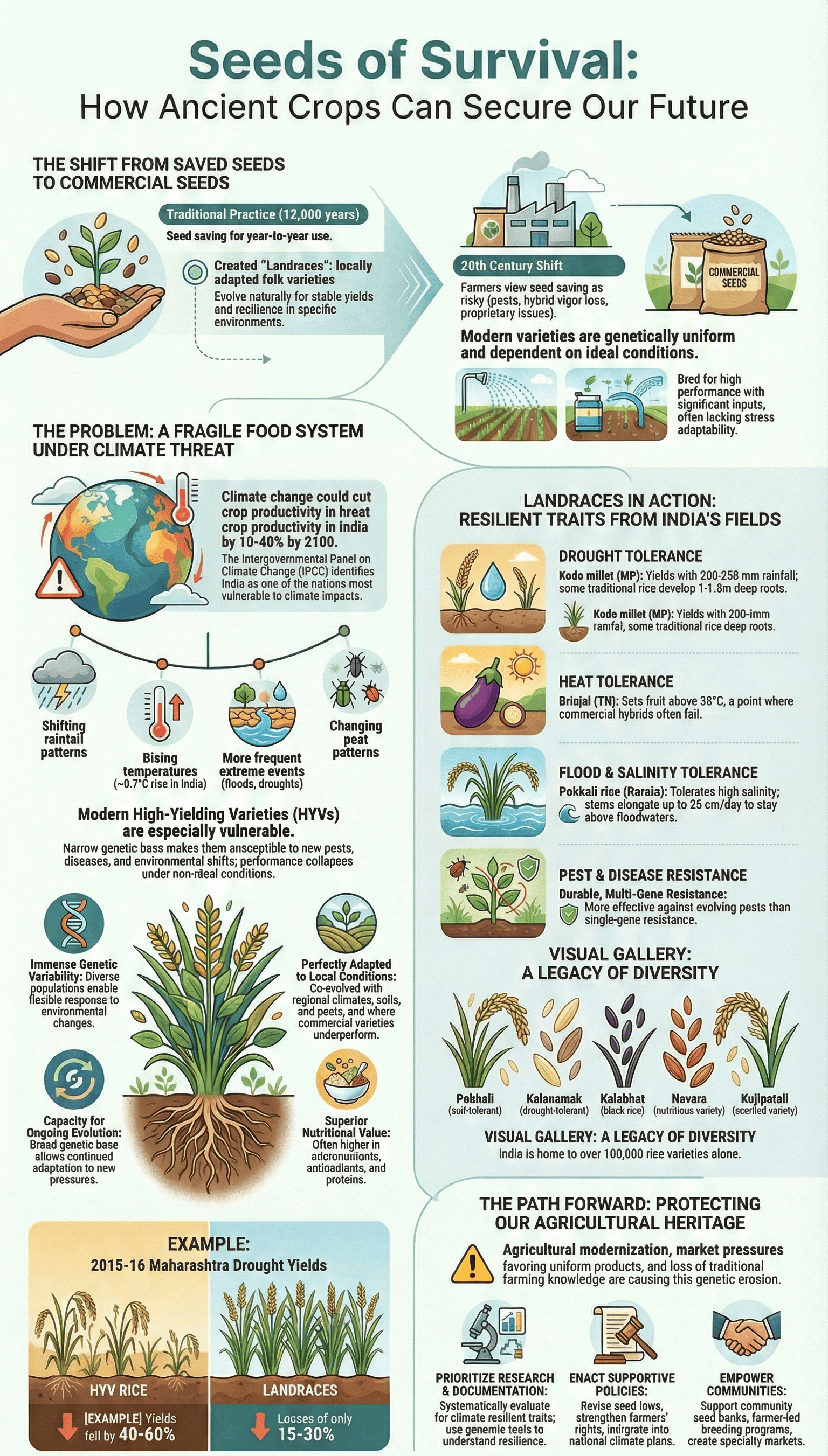 Infographic on ancient crop diversity and its potential to address modern agricultural challenges.
